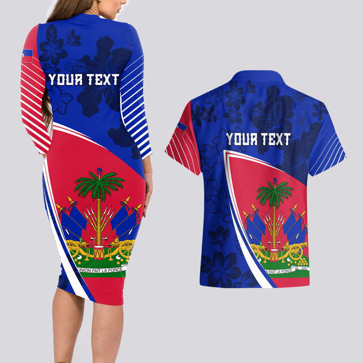 Personalised Haiti Independence Anniversary Couples Matching Long Sleeve Bodycon Dress and Hawaiian Shirt Mix Hibiscus - Flag Color LT7 - Wonder Print Shop