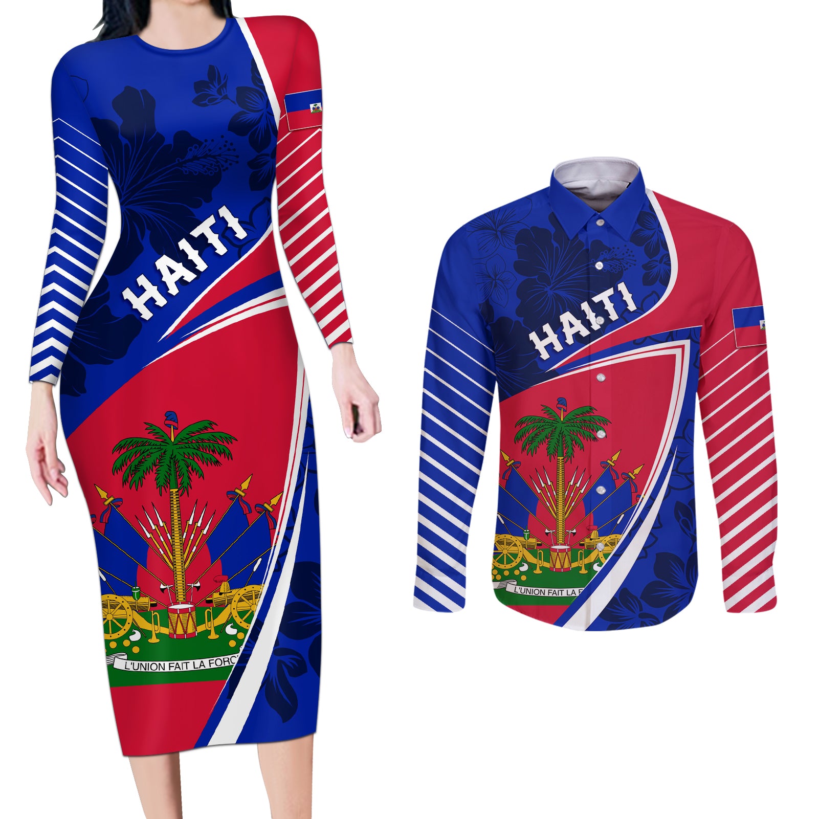 personalised-haiti-independence-anniversary-couples-matching-long-sleeve-bodycon-dress-and-long-sleeve-button-shirt-mix-hibiscus-flag-color