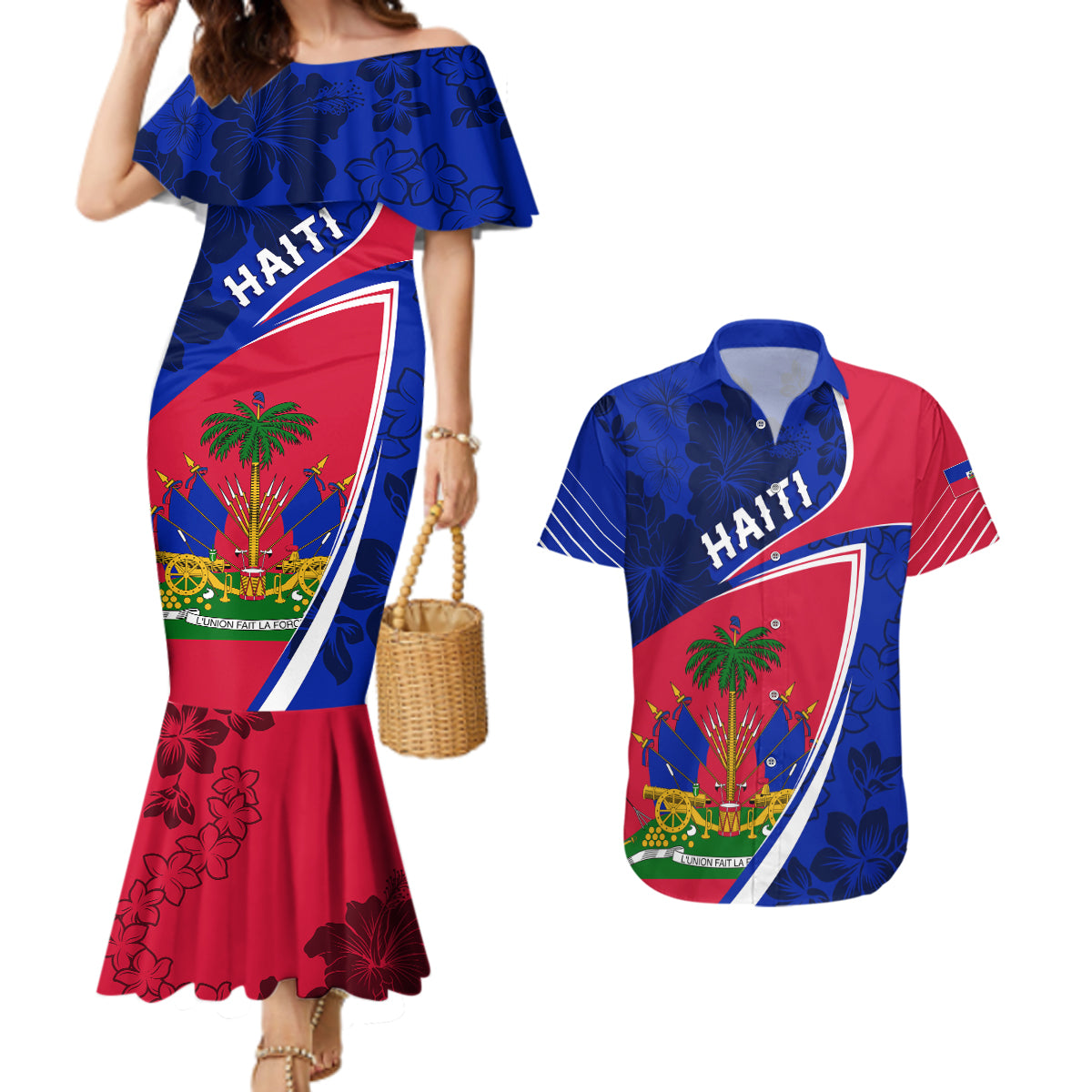 personalised-haiti-independence-anniversary-couples-matching-mermaid-dress-and-hawaiian-shirt-mix-hibiscus-flag-color