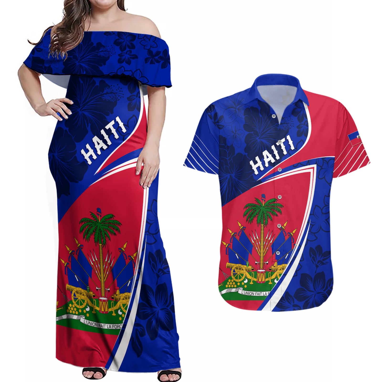 personalised-haiti-independence-anniversary-couples-matching-off-shoulder-maxi-dress-and-hawaiian-shirt-mix-hibiscus-flag-color