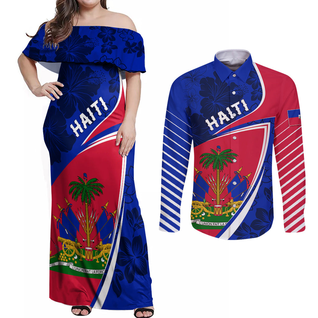 personalised-haiti-independence-anniversary-couples-matching-off-shoulder-maxi-dress-and-long-sleeve-button-shirt-mix-hibiscus-flag-color