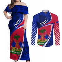 Personalised Haiti Independence Anniversary Couples Matching Off Shoulder Maxi Dress and Long Sleeve Button Shirt Mix Hibiscus - Flag Color LT7 - Wonder Print Shop