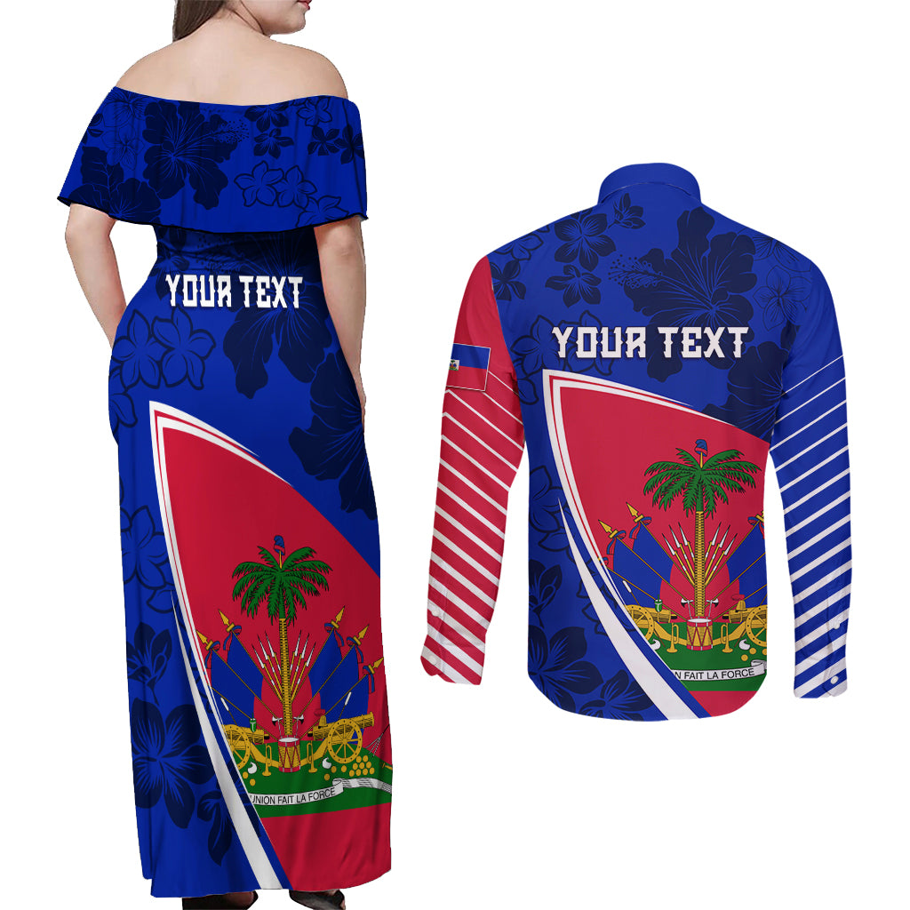 Personalised Haiti Independence Anniversary Couples Matching Off Shoulder Maxi Dress and Long Sleeve Button Shirt Mix Hibiscus - Flag Color LT7 - Wonder Print Shop