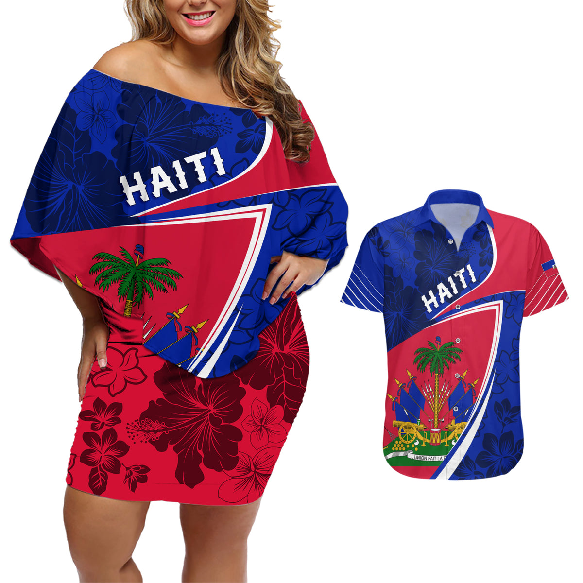 Personalised Haiti Independence Anniversary Couples Matching Off Shoulder Short Dress and Hawaiian Shirt Mix Hibiscus - Flag Color LT7 - Wonder Print Shop