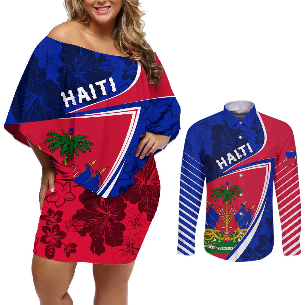 personalised-haiti-independence-anniversary-couples-matching-off-shoulder-short-dress-and-long-sleeve-button-shirt-mix-hibiscus-flag-color