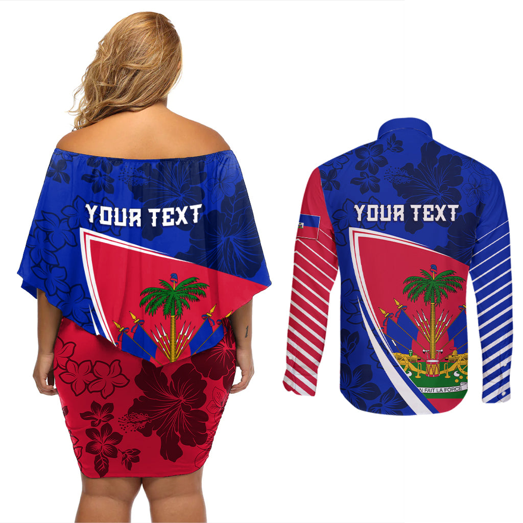 Personalised Haiti Independence Anniversary Couples Matching Off Shoulder Short Dress and Long Sleeve Button Shirt Mix Hibiscus - Flag Color LT7 - Wonder Print Shop
