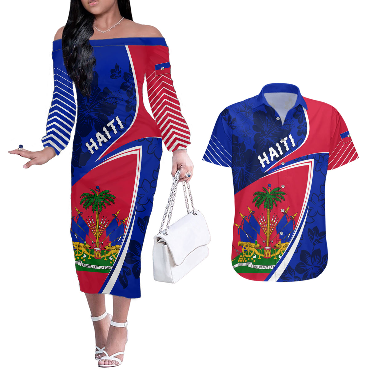 Personalised Haiti Independence Anniversary Couples Matching Off The Shoulder Long Sleeve Dress and Hawaiian Shirt Mix Hibiscus - Flag Color LT7 - Wonder Print Shop