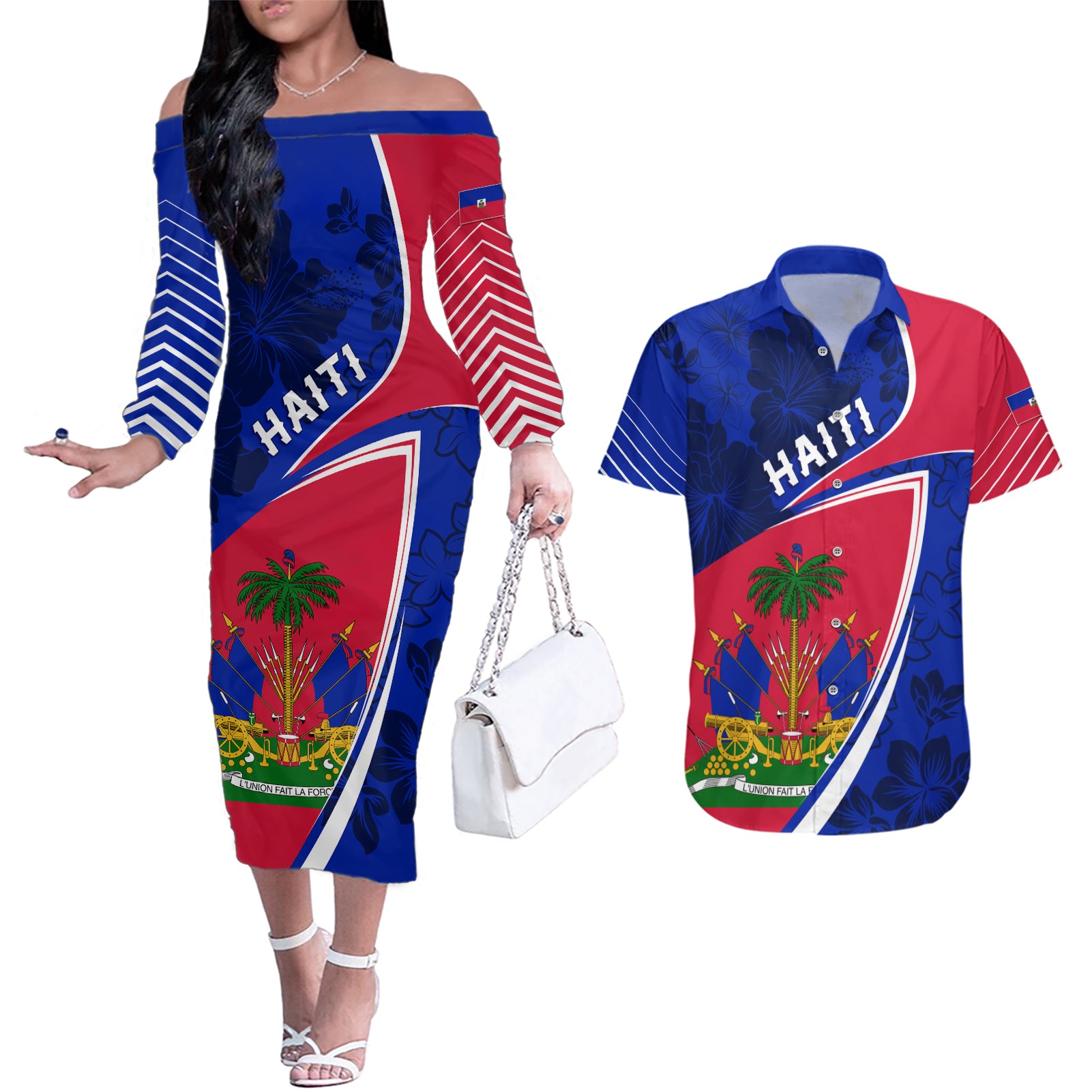 personalised-haiti-independence-anniversary-couples-matching-off-the-shoulder-long-sleeve-dress-and-hawaiian-shirt-mix-hibiscus-flag-color