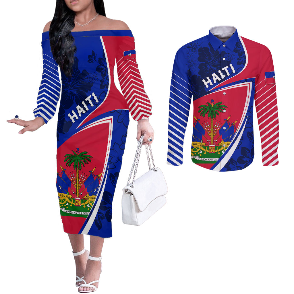 personalised-haiti-independence-anniversary-couples-matching-off-the-shoulder-long-sleeve-dress-and-long-sleeve-button-shirt-mix-hibiscus-flag-color