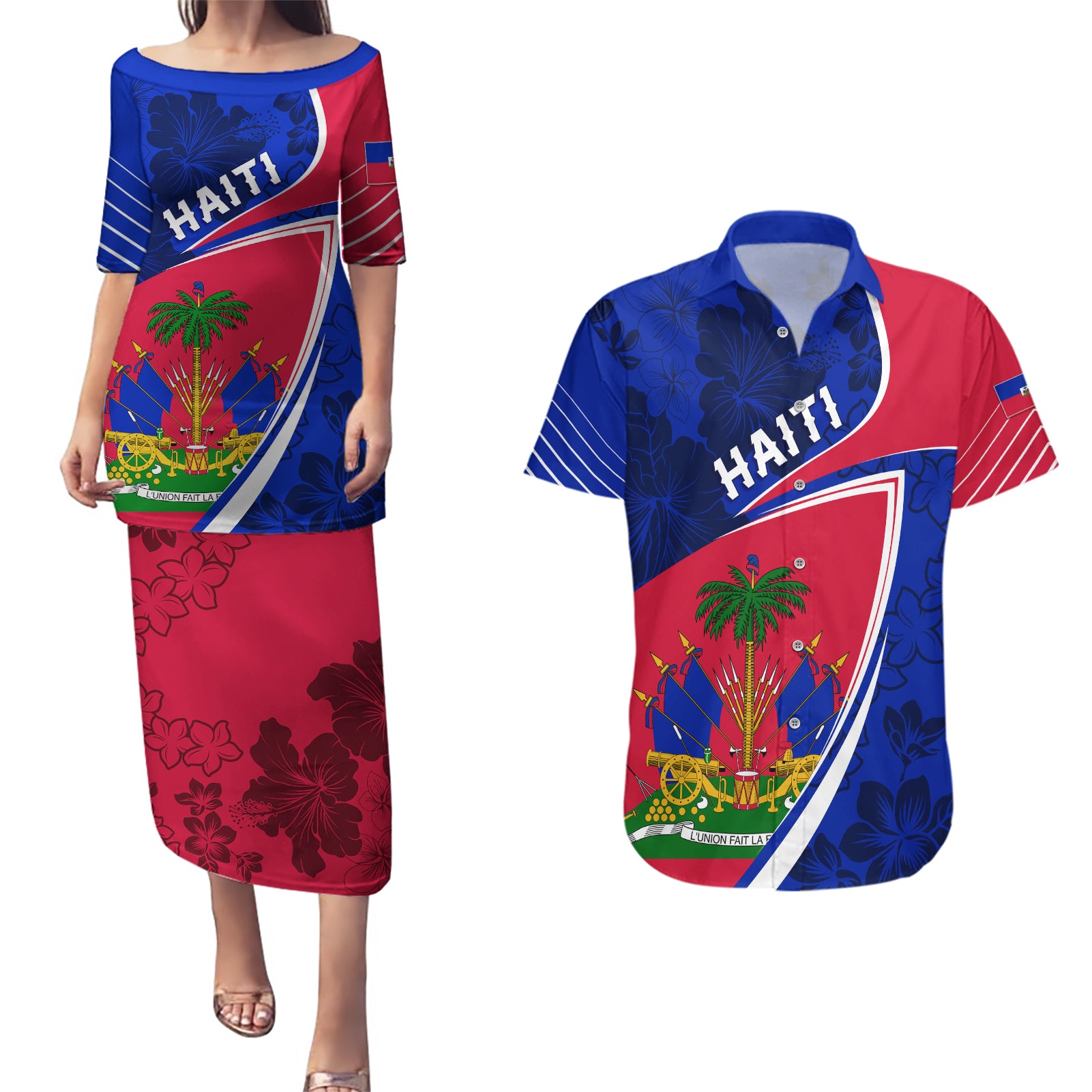 personalised-haiti-independence-anniversary-couples-matching-puletasi-and-hawaiian-shirt-mix-hibiscus-flag-color