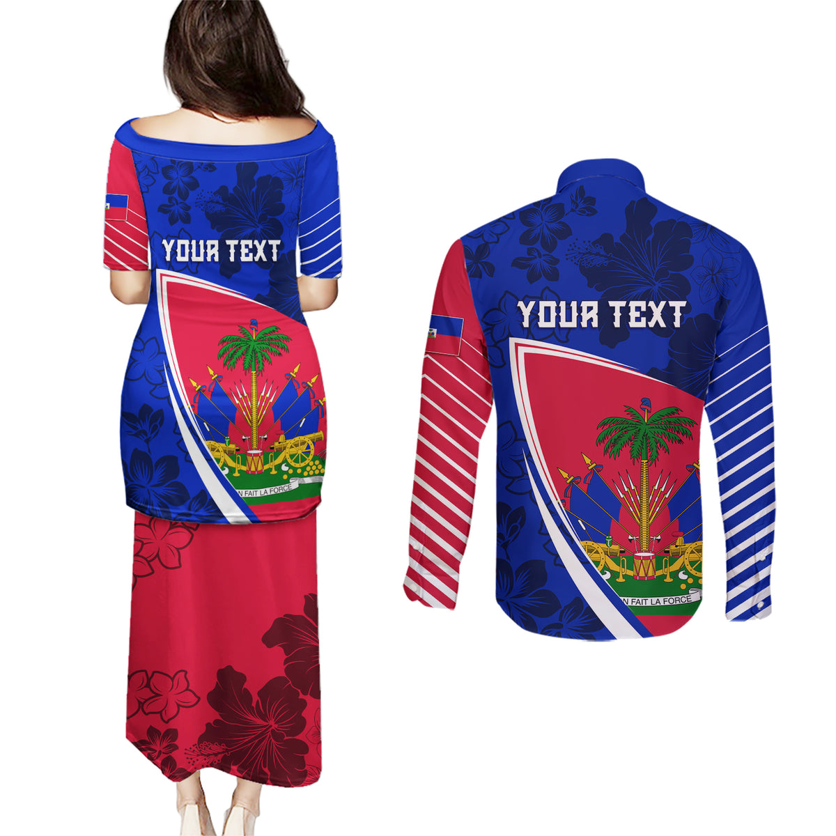 Personalised Haiti Independence Anniversary Couples Matching Puletasi and Long Sleeve Button Shirt Mix Hibiscus - Flag Color LT7 - Wonder Print Shop