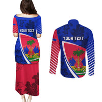 Personalised Haiti Independence Anniversary Couples Matching Puletasi and Long Sleeve Button Shirt Mix Hibiscus - Flag Color LT7 - Wonder Print Shop