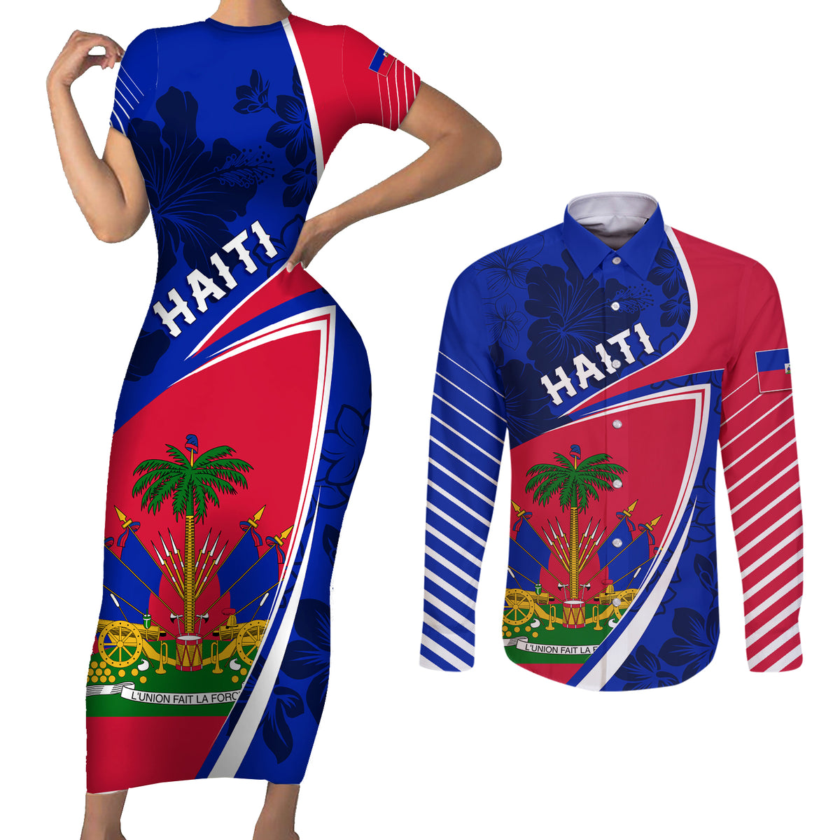 Personalised Haiti Independence Anniversary Couples Matching Short Sleeve Bodycon Dress and Long Sleeve Button Shirt Mix Hibiscus - Flag Color LT7 - Wonder Print Shop