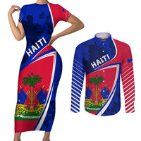 Personalised Haiti Independence Anniversary Couples Matching Short Sleeve Bodycon Dress and Long Sleeve Button Shirt Mix Hibiscus - Flag Color LT7 - Wonder Print Shop