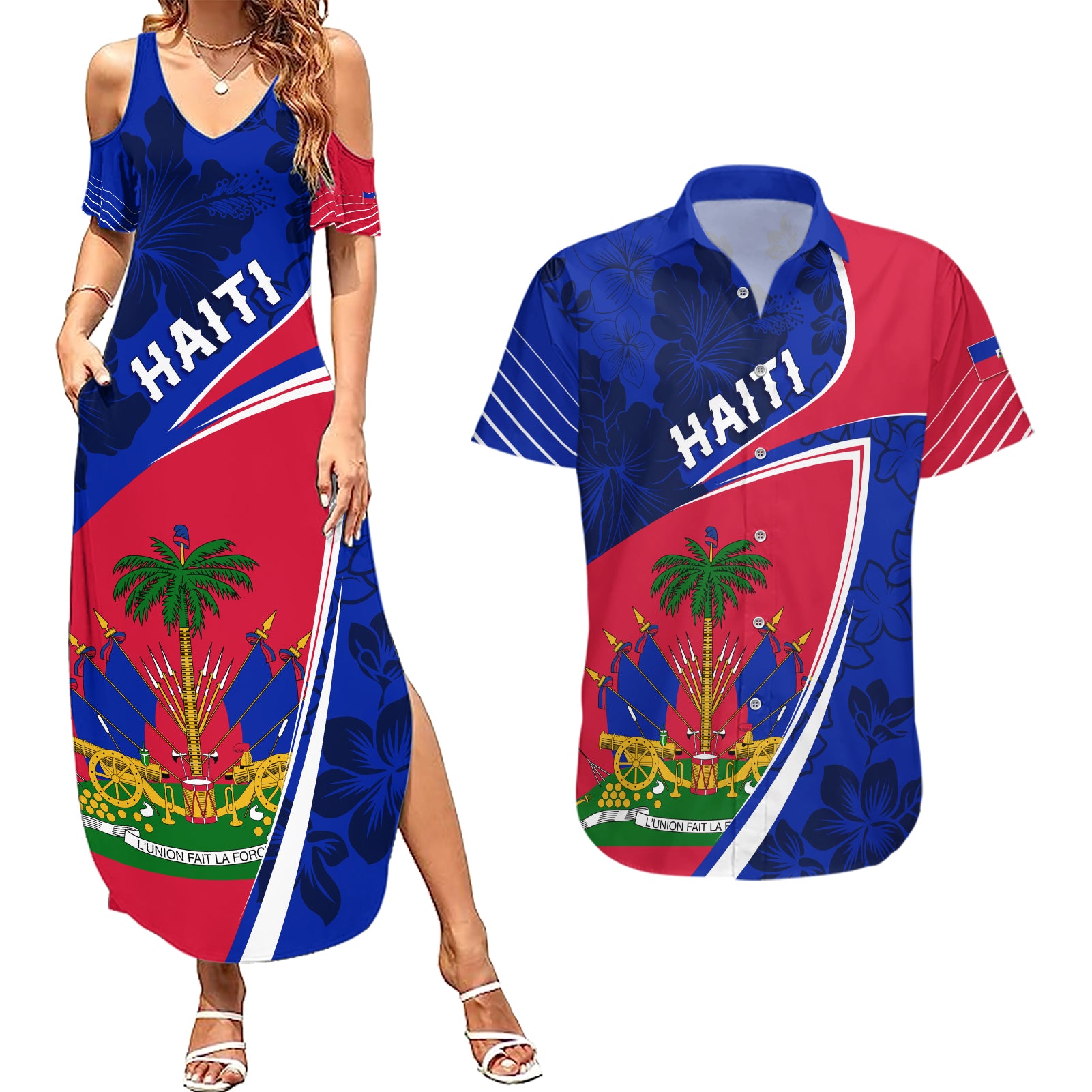 personalised-haiti-independence-anniversary-couples-matching-summer-maxi-dress-and-hawaiian-shirt-mix-hibiscus-flag-color