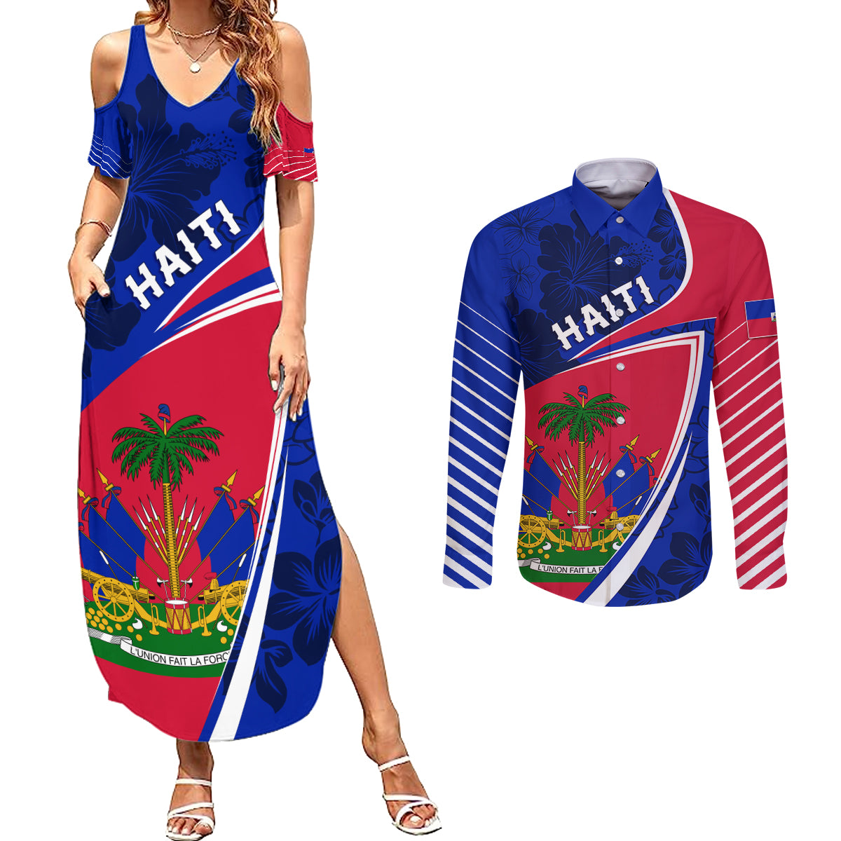 Personalised Haiti Independence Anniversary Couples Matching Summer Maxi Dress and Long Sleeve Button Shirt Mix Hibiscus - Flag Color LT7 - Wonder Print Shop