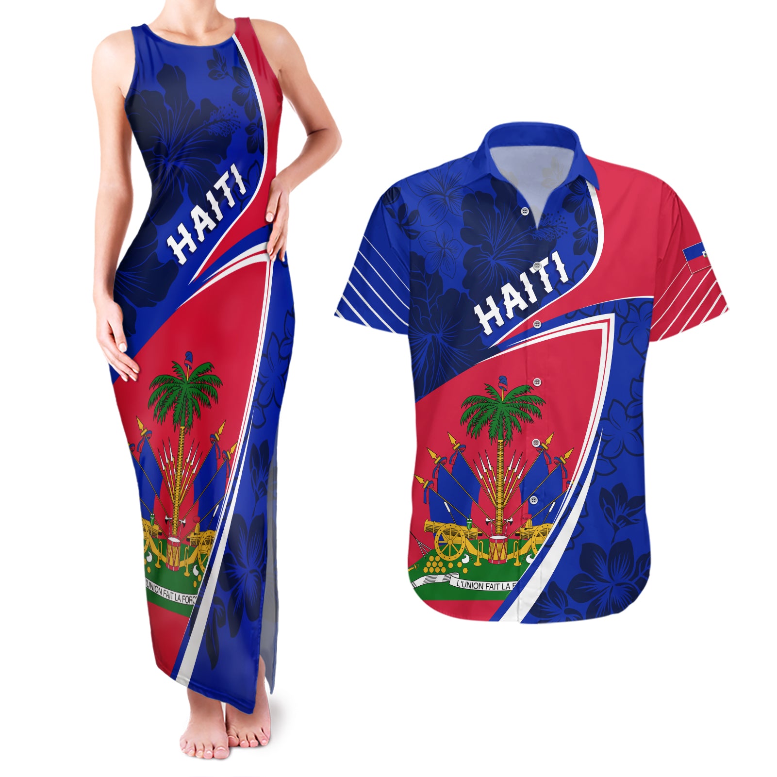 personalised-haiti-independence-anniversary-couples-matching-tank-maxi-dress-and-hawaiian-shirt-mix-hibiscus-flag-color