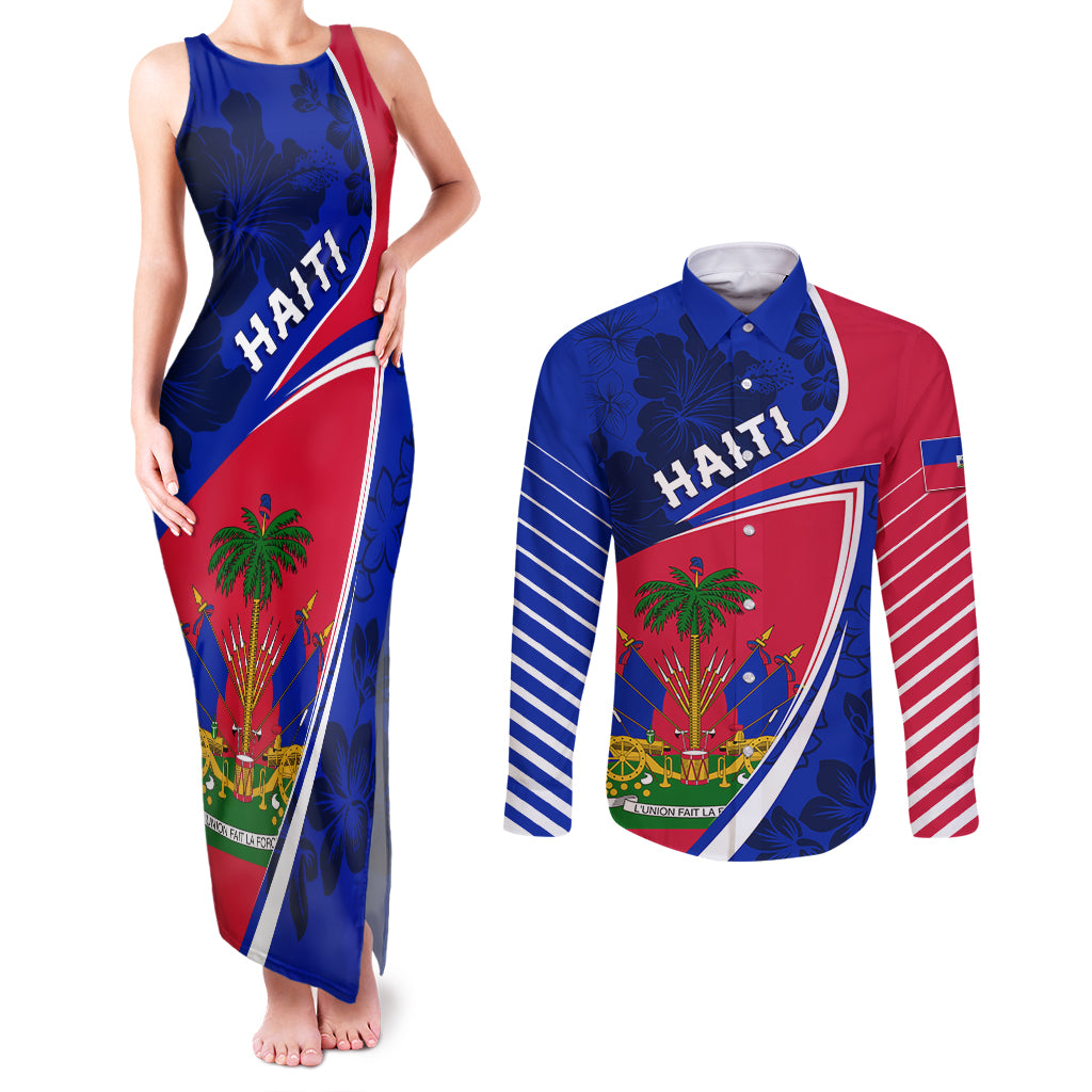 Personalised Haiti Independence Anniversary Couples Matching Tank Maxi Dress and Long Sleeve Button Shirt Mix Hibiscus - Flag Color LT7 - Wonder Print Shop
