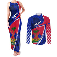Personalised Haiti Independence Anniversary Couples Matching Tank Maxi Dress and Long Sleeve Button Shirt Mix Hibiscus - Flag Color LT7 - Wonder Print Shop