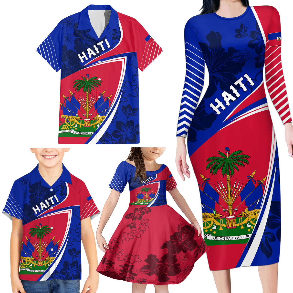 Personalised Haiti Independence Anniversary Family Matching Long Sleeve Bodycon Dress and Hawaiian Shirt Mix Hibiscus - Flag Color LT7 - Wonder Print Shop