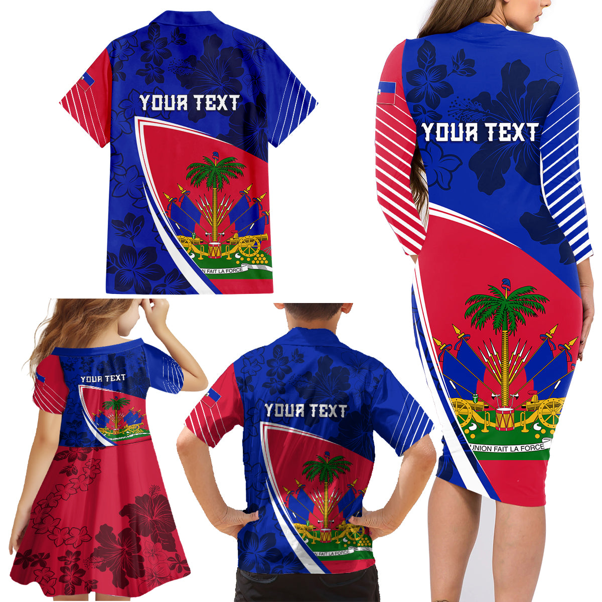 Personalised Haiti Independence Anniversary Family Matching Long Sleeve Bodycon Dress and Hawaiian Shirt Mix Hibiscus - Flag Color LT7 - Wonder Print Shop