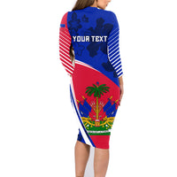 Personalised Haiti Independence Anniversary Family Matching Long Sleeve Bodycon Dress and Hawaiian Shirt Mix Hibiscus - Flag Color LT7 - Wonder Print Shop