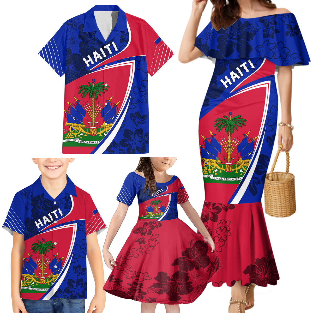 Personalised Haiti Independence Anniversary Family Matching Mermaid Dress and Hawaiian Shirt Mix Hibiscus - Flag Color LT7 - Wonder Print Shop