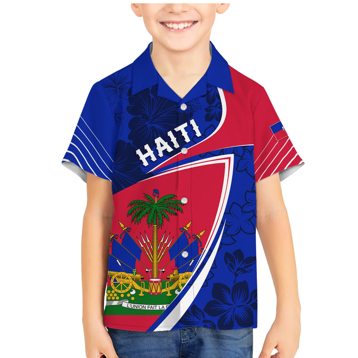Personalised Haiti Independence Anniversary Family Matching Mermaid Dress and Hawaiian Shirt Mix Hibiscus - Flag Color LT7 - Wonder Print Shop