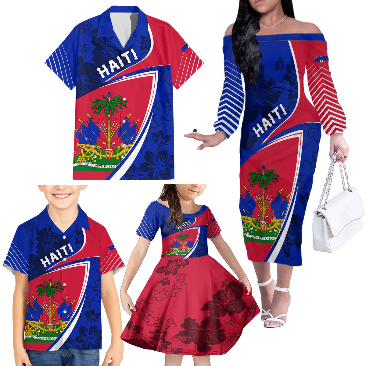 Personalised Haiti Independence Anniversary Family Matching Off Shoulder Long Sleeve Dress and Hawaiian Shirt Mix Hibiscus - Flag Color - Wonder Print Shop