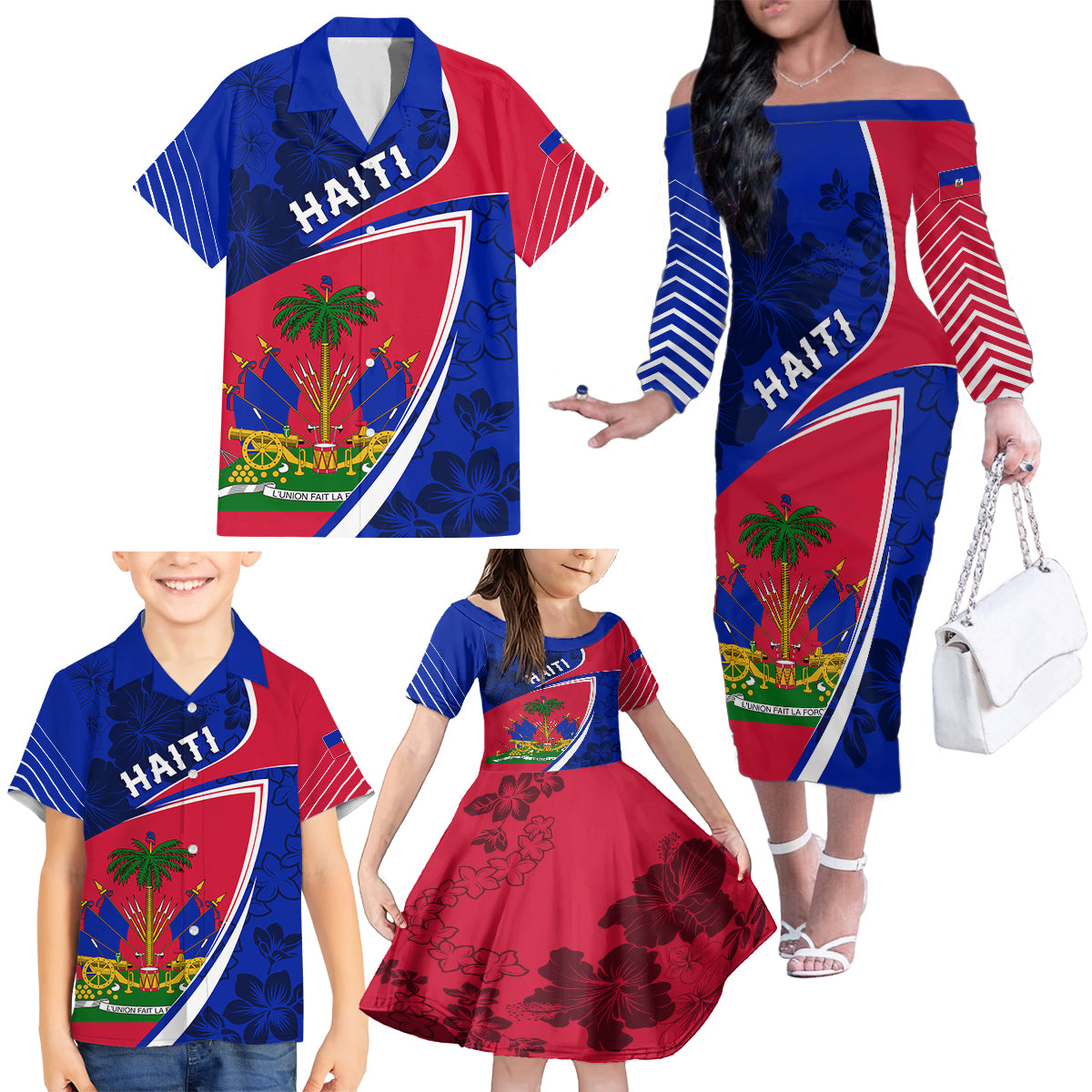 personalised-haiti-independence-anniversary-family-matching-off-shoulder-long-sleeve-dress-and-hawaiian-shirt-mix-hibiscus-flag-color