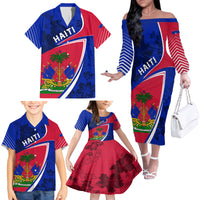 Personalised Haiti Independence Anniversary Family Matching Off Shoulder Long Sleeve Dress and Hawaiian Shirt Mix Hibiscus - Flag Color - Wonder Print Shop