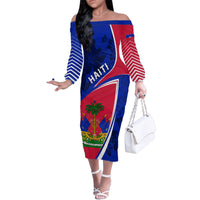 Personalised Haiti Independence Anniversary Family Matching Off Shoulder Long Sleeve Dress and Hawaiian Shirt Mix Hibiscus - Flag Color - Wonder Print Shop