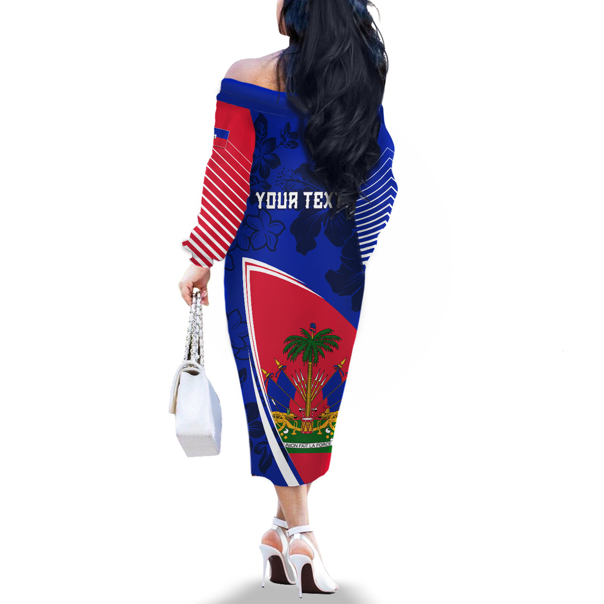 Personalised Haiti Independence Anniversary Family Matching Off Shoulder Long Sleeve Dress and Hawaiian Shirt Mix Hibiscus - Flag Color - Wonder Print Shop