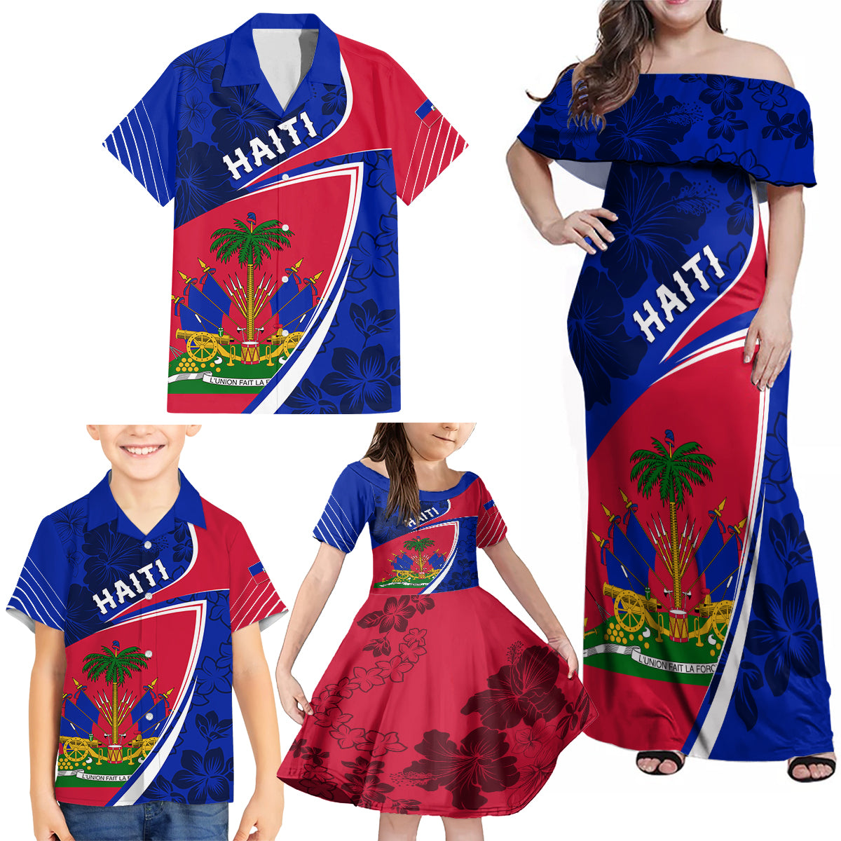 personalised-haiti-independence-anniversary-family-matching-off-shoulder-maxi-dress-and-hawaiian-shirt-mix-hibiscus-flag-color