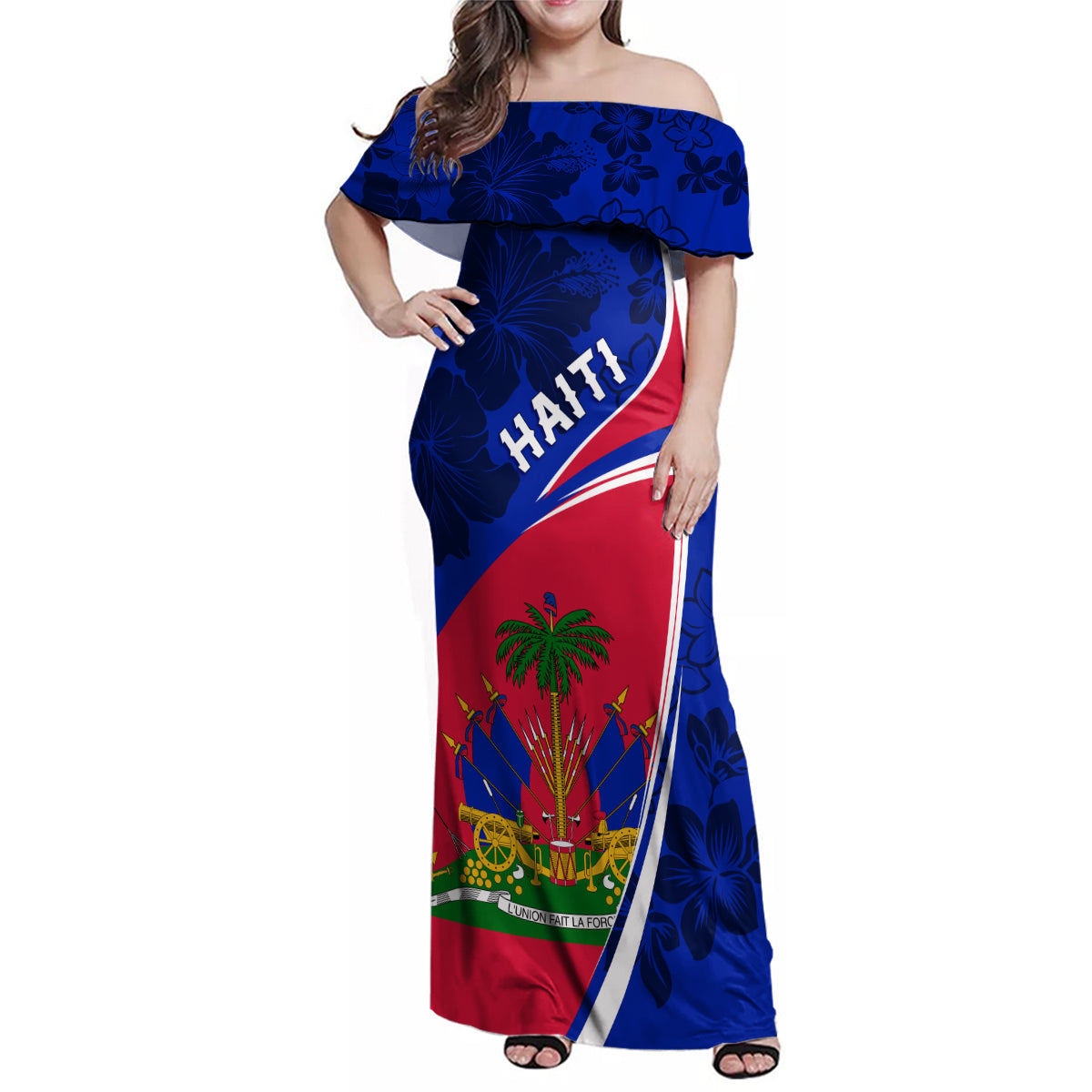 Personalised Haiti Independence Anniversary Family Matching Off Shoulder Maxi Dress and Hawaiian Shirt Mix Hibiscus - Flag Color LT7 - Wonder Print Shop
