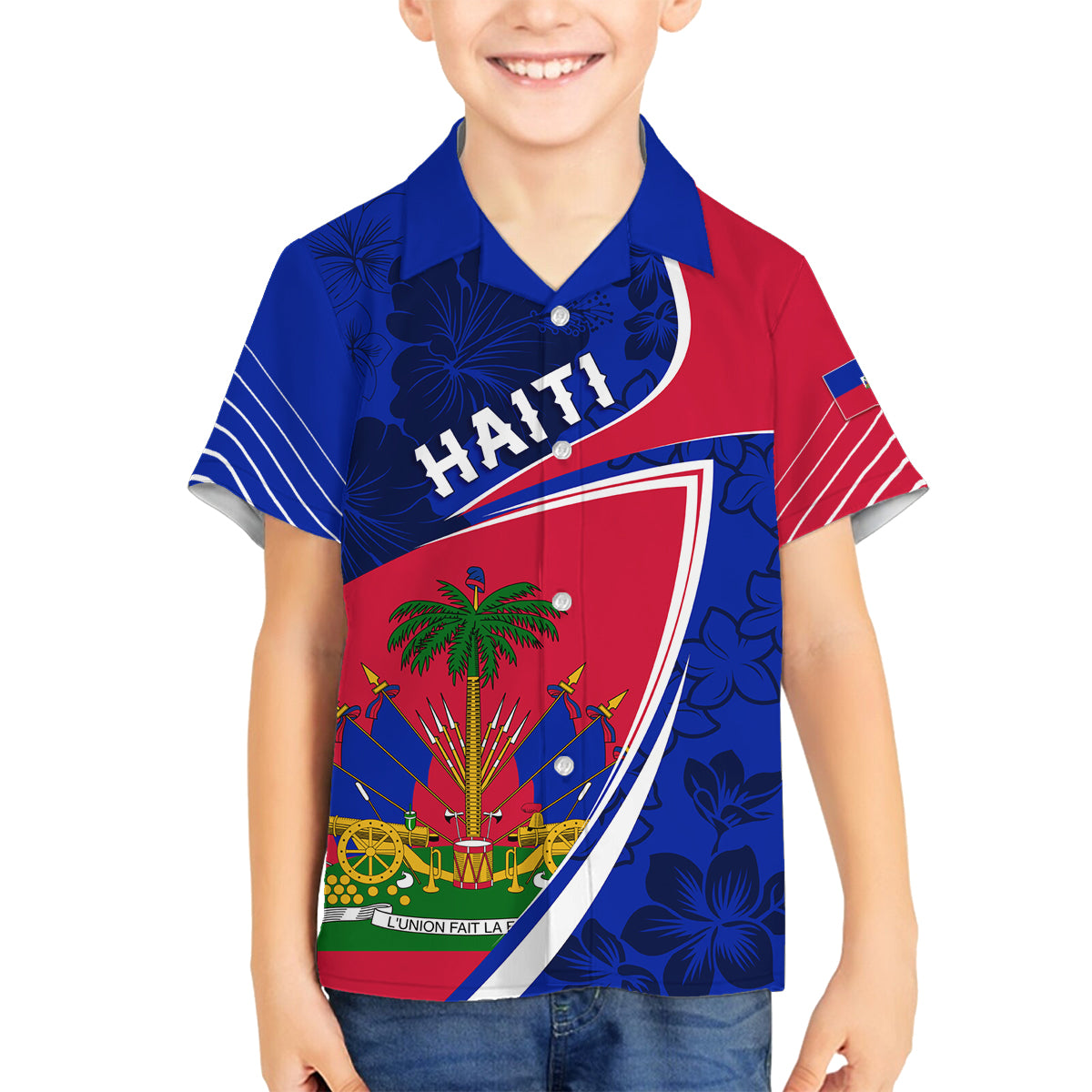 Personalised Haiti Independence Anniversary Family Matching Off Shoulder Maxi Dress and Hawaiian Shirt Mix Hibiscus - Flag Color LT7 - Wonder Print Shop