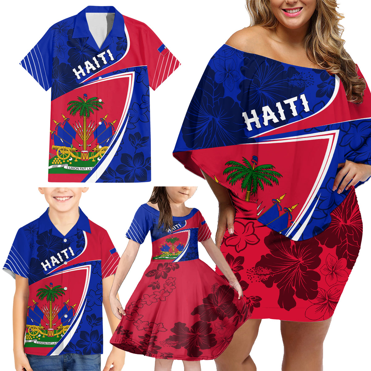 Personalised Haiti Independence Anniversary Family Matching Off Shoulder Short Dress and Hawaiian Shirt Mix Hibiscus - Flag Color LT7 - Wonder Print Shop