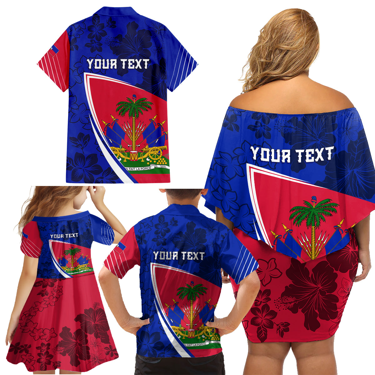 Personalised Haiti Independence Anniversary Family Matching Off Shoulder Short Dress and Hawaiian Shirt Mix Hibiscus - Flag Color LT7 - Wonder Print Shop