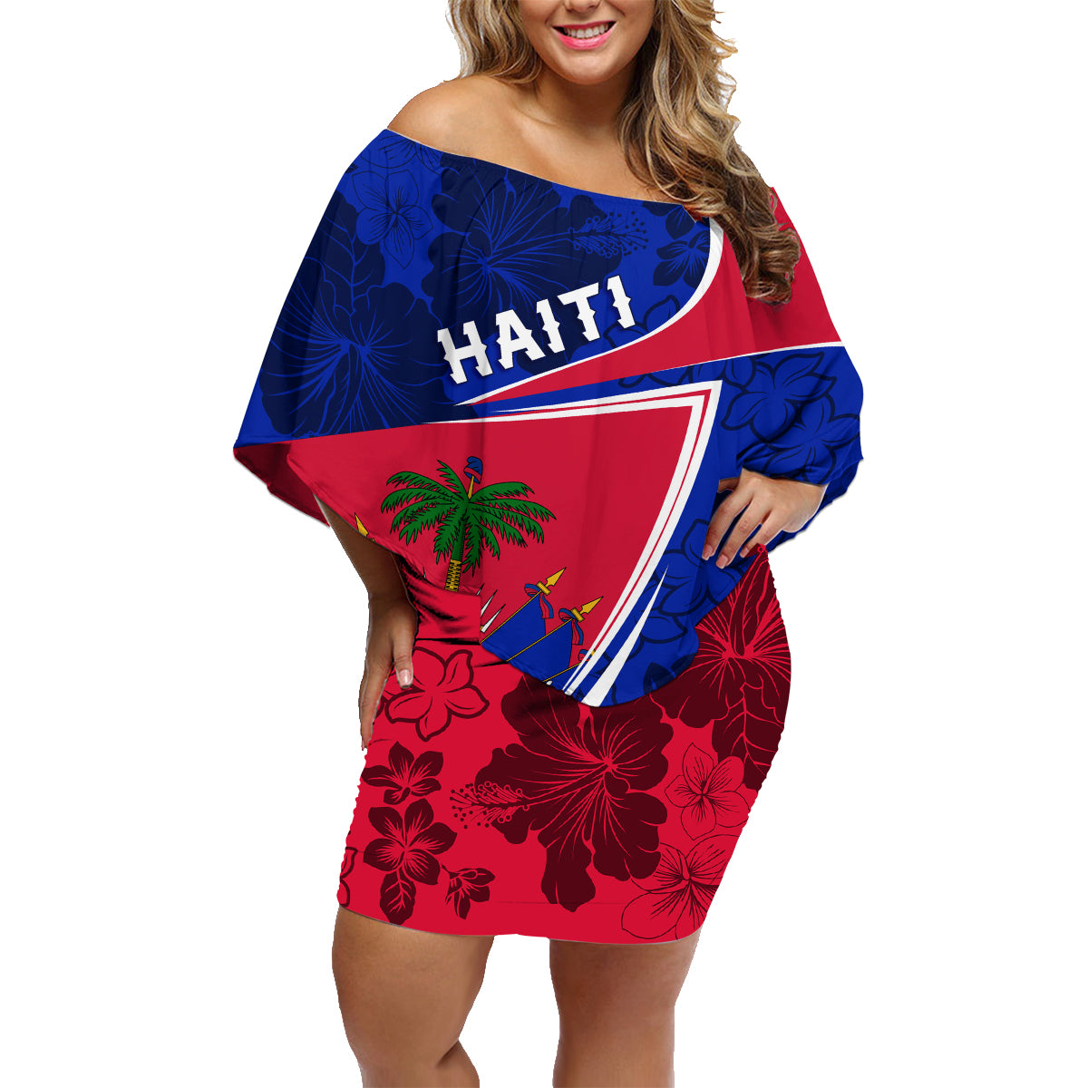 Personalised Haiti Independence Anniversary Family Matching Off Shoulder Short Dress and Hawaiian Shirt Mix Hibiscus - Flag Color LT7 - Wonder Print Shop