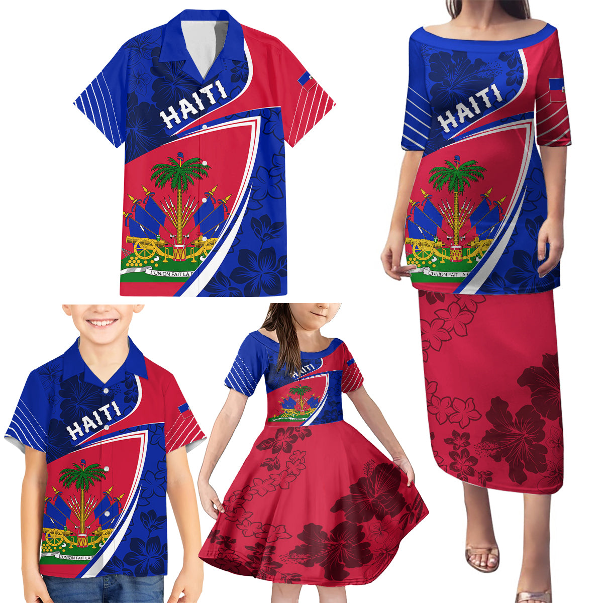 Personalised Haiti Independence Anniversary Family Matching Puletasi and Hawaiian Shirt Mix Hibiscus - Flag Color - Wonder Print Shop