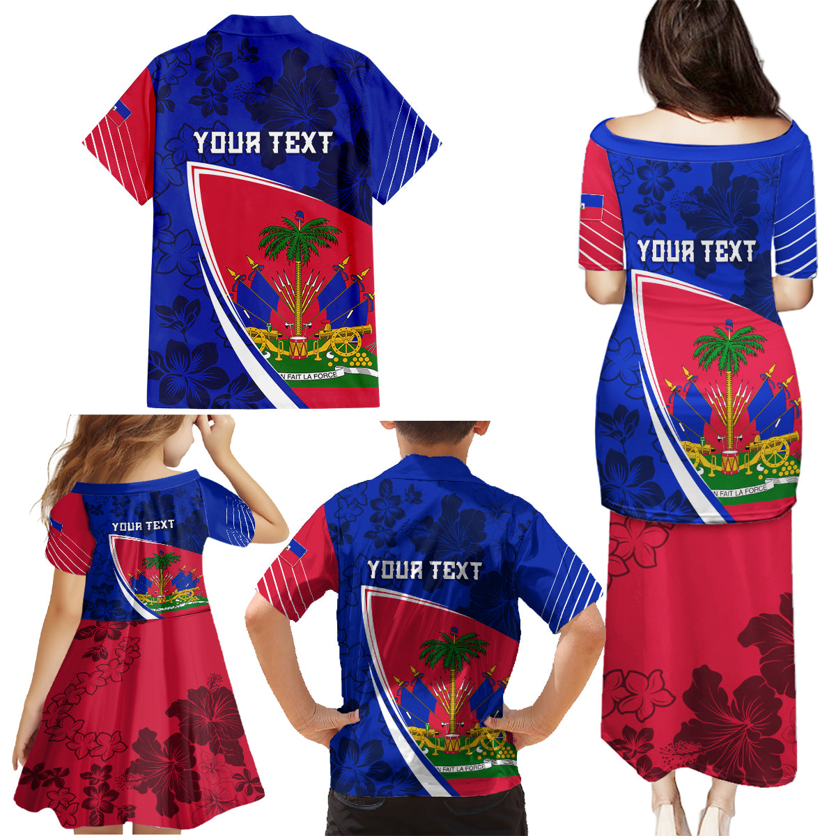 Personalised Haiti Independence Anniversary Family Matching Puletasi and Hawaiian Shirt Mix Hibiscus - Flag Color - Wonder Print Shop
