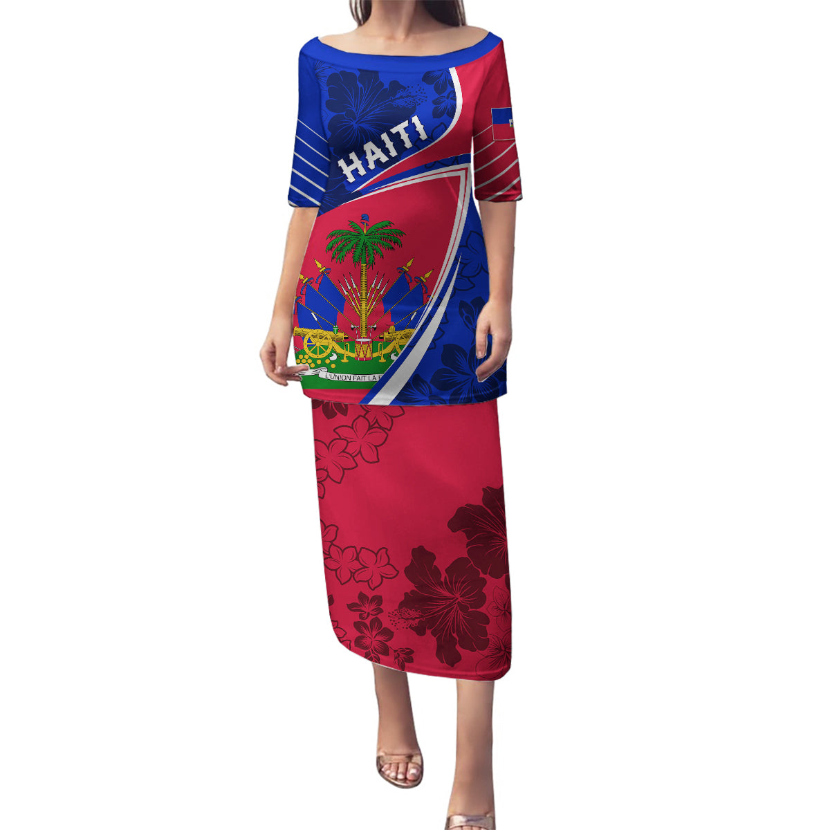 Personalised Haiti Independence Anniversary Family Matching Puletasi and Hawaiian Shirt Mix Hibiscus - Flag Color - Wonder Print Shop