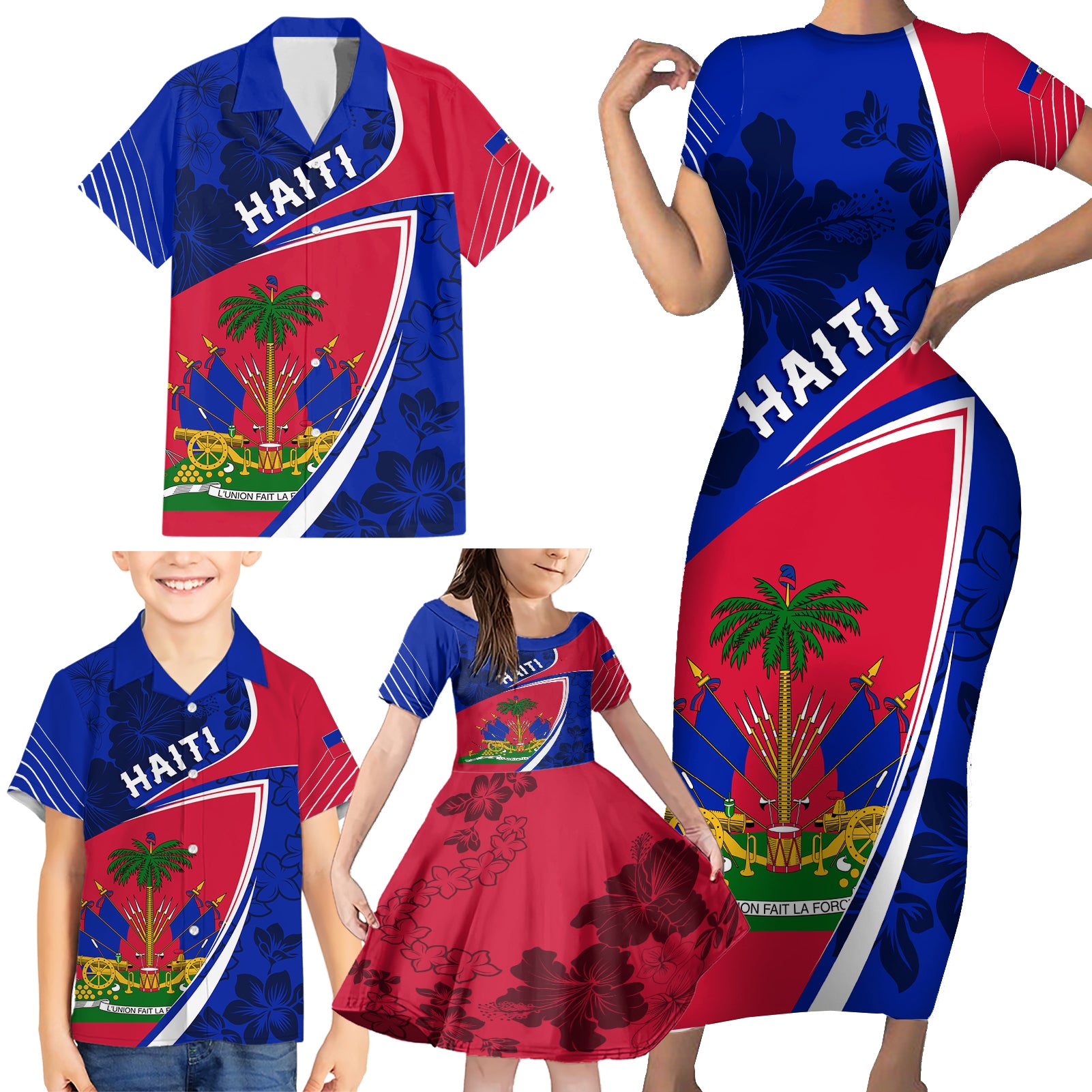 personalised-haiti-independence-anniversary-family-matching-short-sleeve-bodycon-dress-and-hawaiian-shirt-mix-hibiscus-flag-color