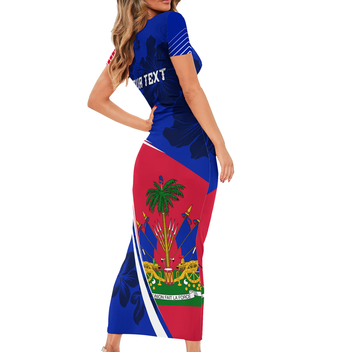 Personalised Haiti Independence Anniversary Family Matching Short Sleeve Bodycon Dress and Hawaiian Shirt Mix Hibiscus - Flag Color - Wonder Print Shop