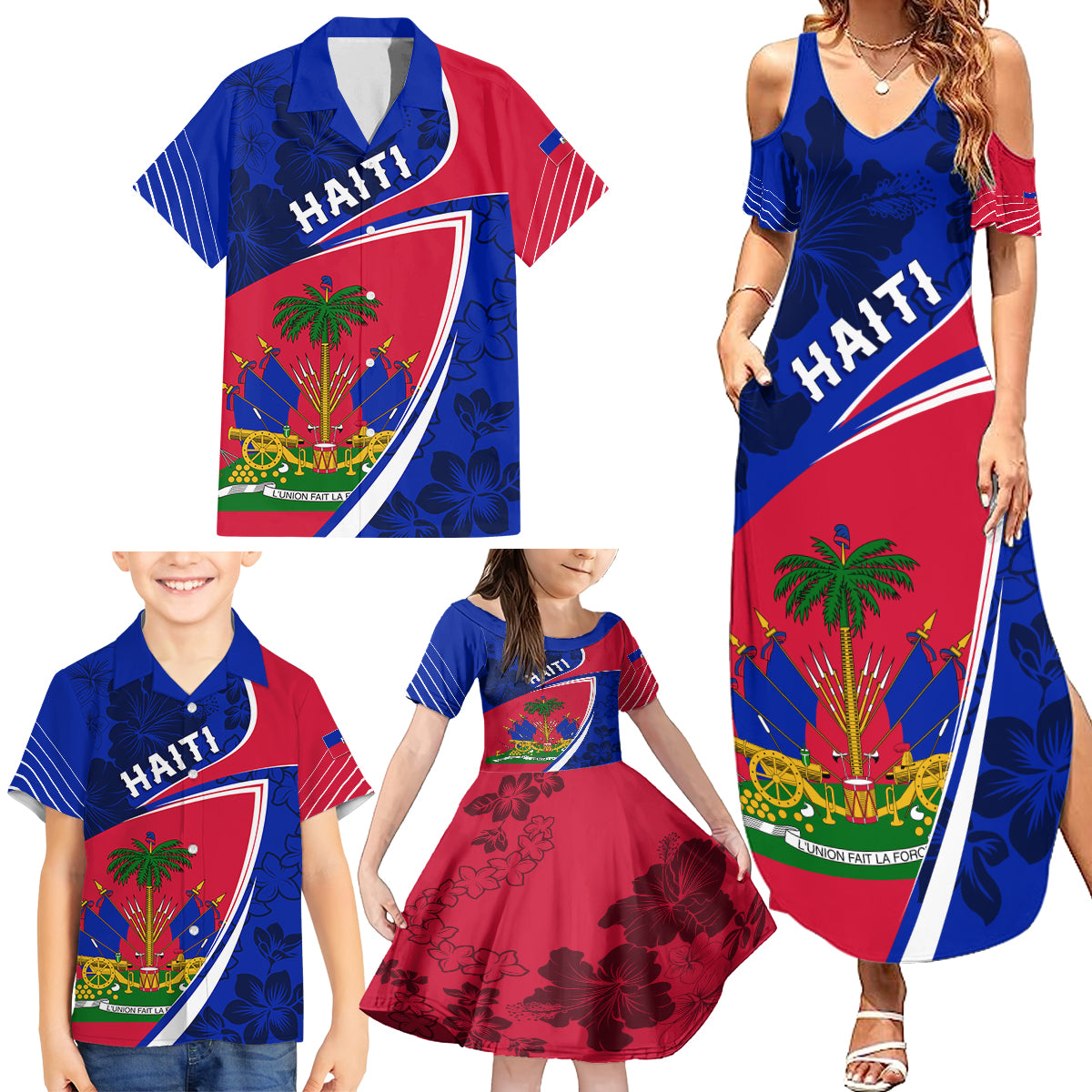 personalised-haiti-independence-anniversary-family-matching-summer-maxi-dress-and-hawaiian-shirt-mix-hibiscus-flag-color