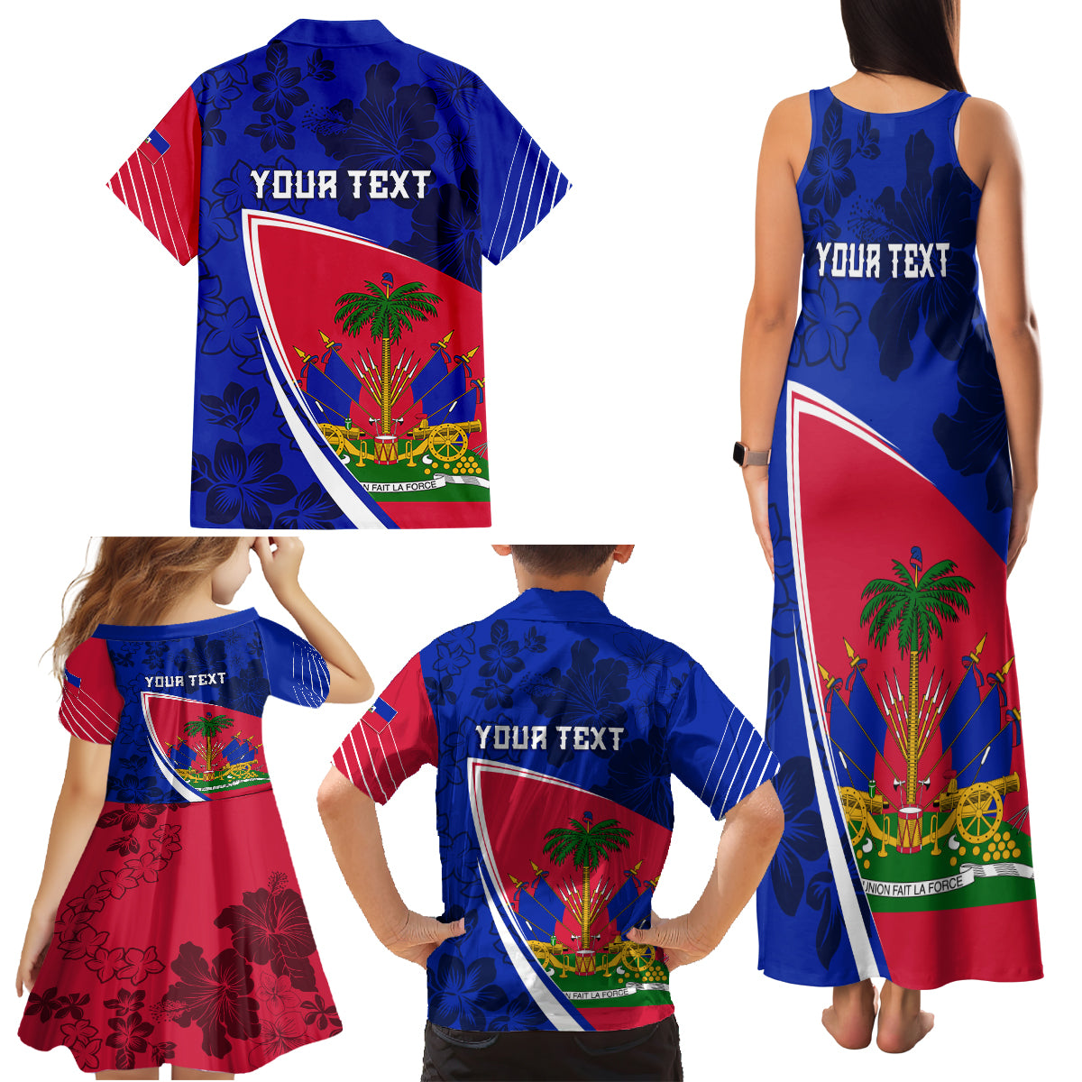 Personalised Haiti Independence Anniversary Family Matching Tank Maxi Dress and Hawaiian Shirt Mix Hibiscus - Flag Color - Wonder Print Shop