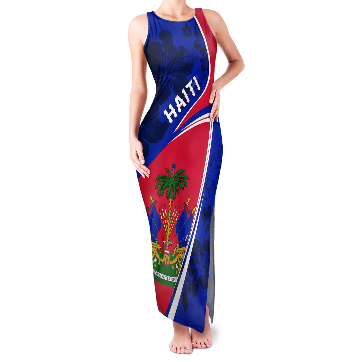 Personalised Haiti Independence Anniversary Family Matching Tank Maxi Dress and Hawaiian Shirt Mix Hibiscus - Flag Color - Wonder Print Shop