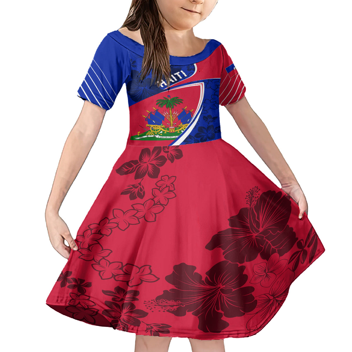 Personalised Haiti Independence Anniversary Kid Short Sleeve Dress Mix Hibiscus - Flag Color - Wonder Print Shop