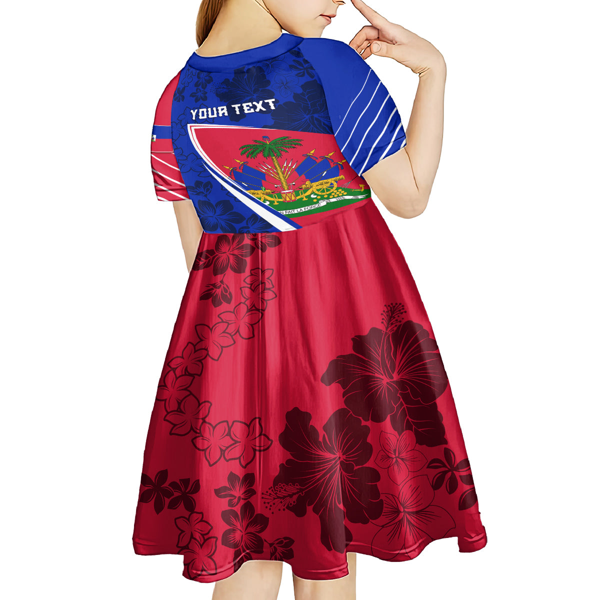 Personalised Haiti Independence Anniversary Kid Short Sleeve Dress Mix Hibiscus - Flag Color - Wonder Print Shop