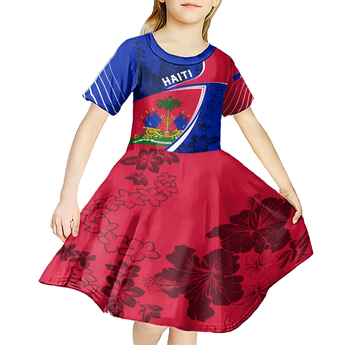 Personalised Haiti Independence Anniversary Kid Short Sleeve Dress Mix Hibiscus - Flag Color - Wonder Print Shop